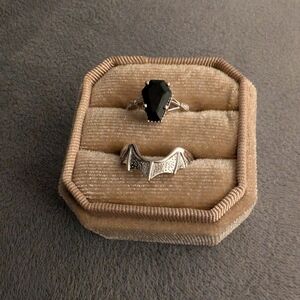 Silver Bat Motif Ring and Black Stone Ring Set - Women Jewelry